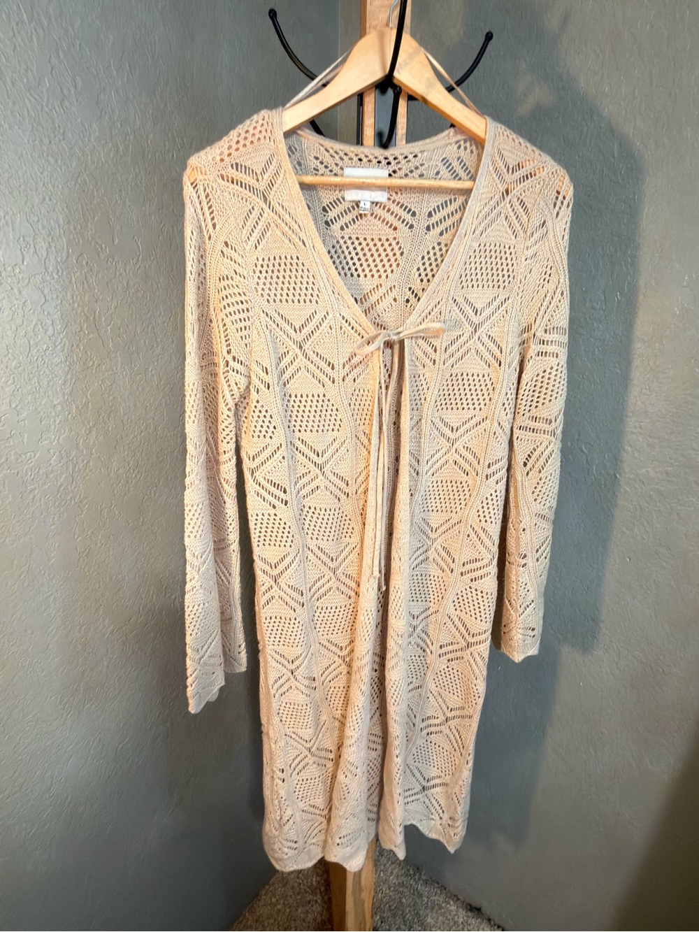 Pink Rose Long Sleeve Crochet Tie-Front Dress - Beige